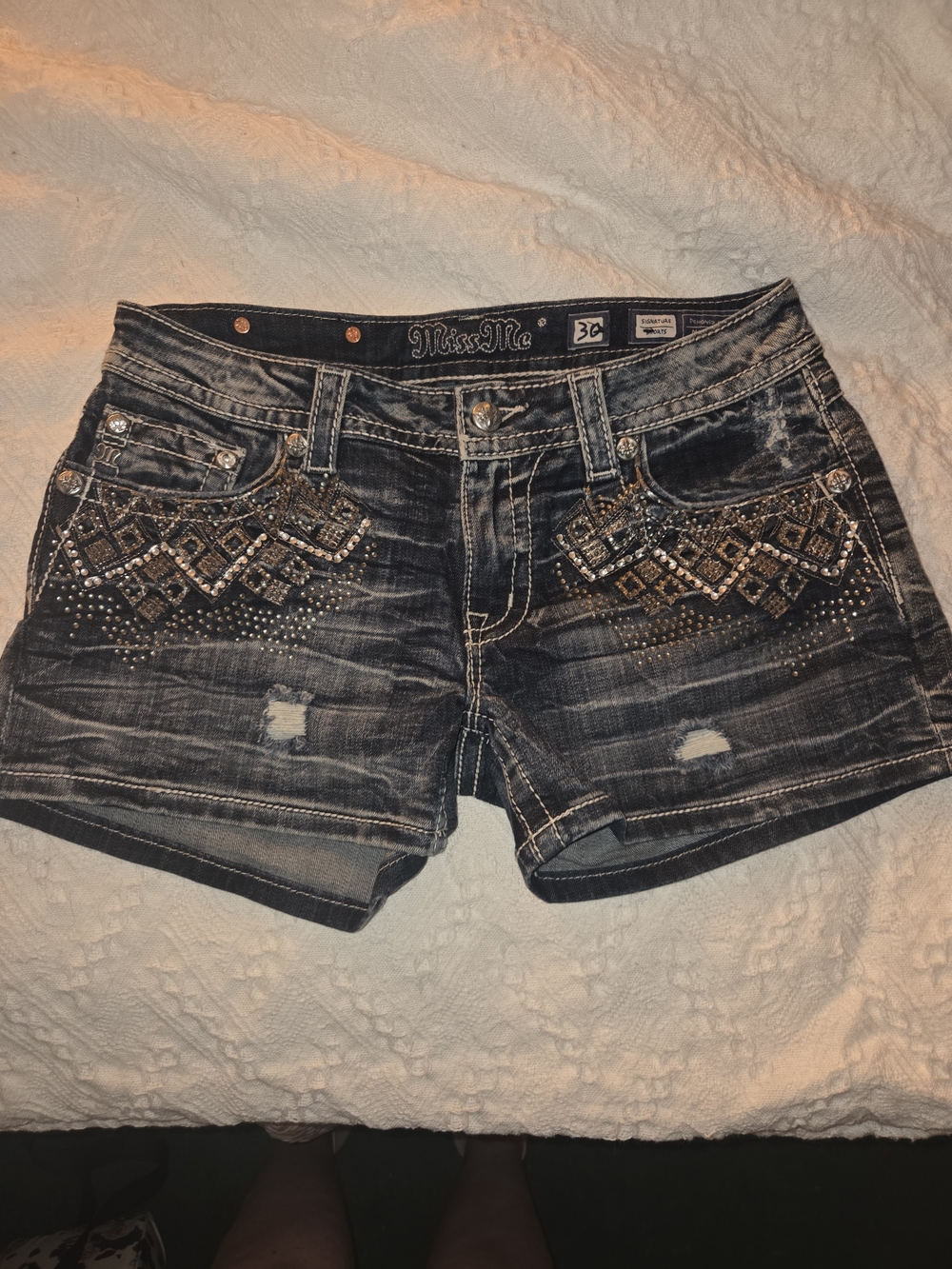Miss Me Dark Wash Denim Shorts with Gold & Silver Stud Embellishments